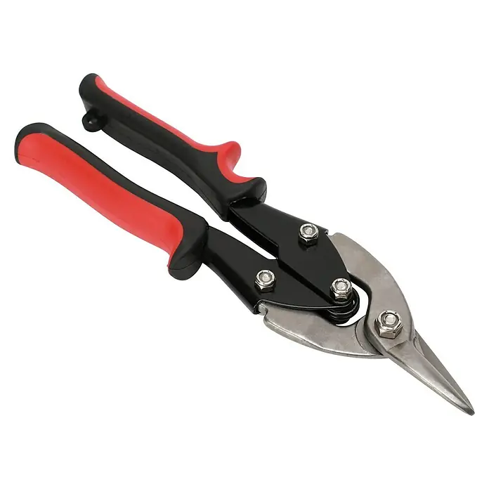 Fulmo Tijeras para chapa - Largo: 56 cm, Acero - Esta imagen muestra unas tijeras de hojalatero con mangos rojos y negros, diseñadas para el corte preciso de láminas de metal. La herramienta parece robusta y fiable.