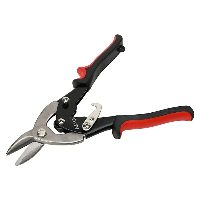 Fulmo Tijeras para chapa - Largo: 56 cm, Acero - Tijeras de metal con mangos rojos y negros, mostradas abiertas sobre un fondo negro. Ideal para cortes precisos en chapa metálica.