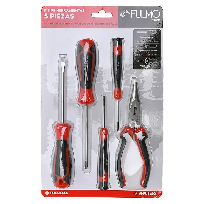 Fulmo Set de destornilladores - 5 pzs., Acero - Juego de herramientas Fulmo Brico de 5 piezas con destornilladores, destornilladores de precisión y alicates de punta larga, ideal para bricolaje.