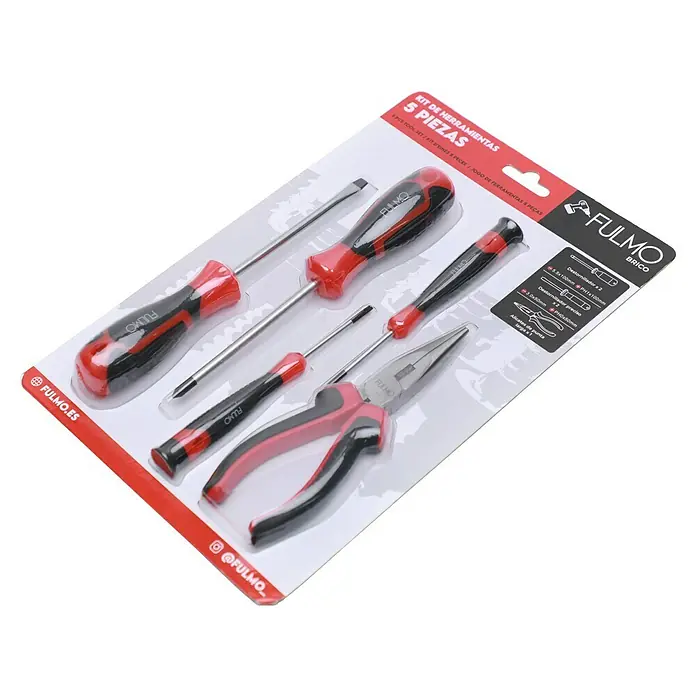 Fulmo Set de destornilladores - 5 pzs., Acero - Kit de herramientas Fulmo Brico de 5 piezas en rojo y negro, incluyendo destornilladores y alicates, ideal para bricolaje.
