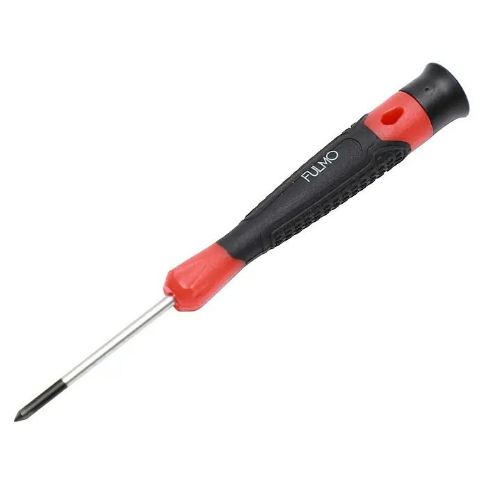Fulmo Set de destornilladores - 5 pzs., Acero - Primer plano de un destornillador de precisión Fulmo con mango rojo y negro y punta plateada sobre un fondo negro.
