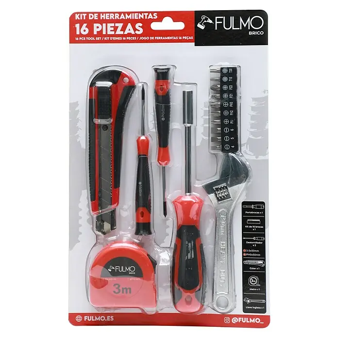 Fulmo Maletín de herramientas - 16 pzs. - Juego de herramientas de 16 piezas Fulmo Brico, incluye destornilladores, cinta métrica, cúter y llave inglesa para diversas tareas.