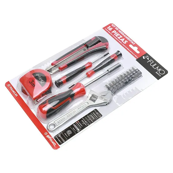 Fulmo Maletín de herramientas - 16 pzs. - Kit de herramientas de 16 piezas de Fulmo Brico, incluyendo destornilladores, cúter, cinta métrica y llave inglesa, ideal para proyectos de bricolaje.