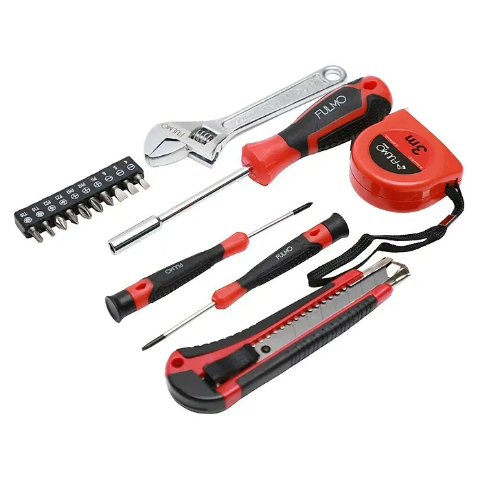 Fulmo Maletín de herramientas - 16 pzs. - Juego de herramientas Fulmo con llaves, destornilladores, cinta métrica y cúter para aficionados al bricolaje y profesionales.