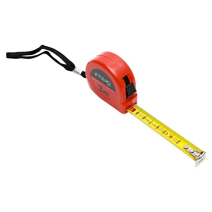 Fulmo Maletín de herramientas - 16 pzs. - Un flexómetro retráctil Fullmo rojo, que se extiende hasta 3 metros, con una escala de medición amarilla y una correa negra.