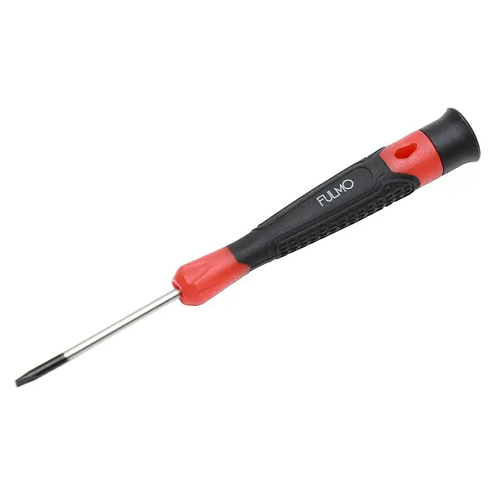 Fulmo Maletín de herramientas - 16 pzs. - Primer plano de un destornillador plano FULMO con mango rojo y negro sobre un fondo negro, ideal para trabajos de precisión.