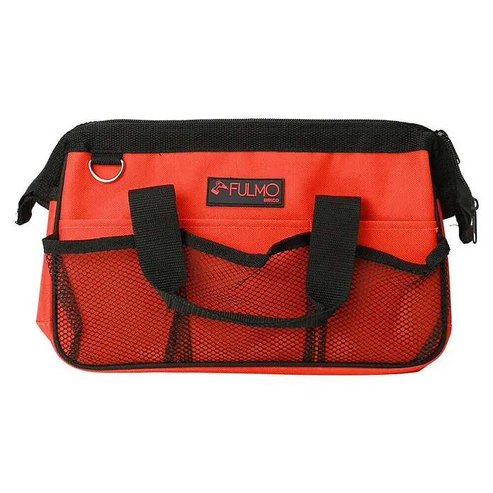 Fulmo Bolsa para herramientas - An x Pr x Al: 15 x 32 x 21 cm, Poliéster, 25 pzs. - Bolsa de herramientas roja de lona con detalles en negro, múltiples bolsillos externos y el logotipo Fulmo Brico, ideal para transportar herramientas.