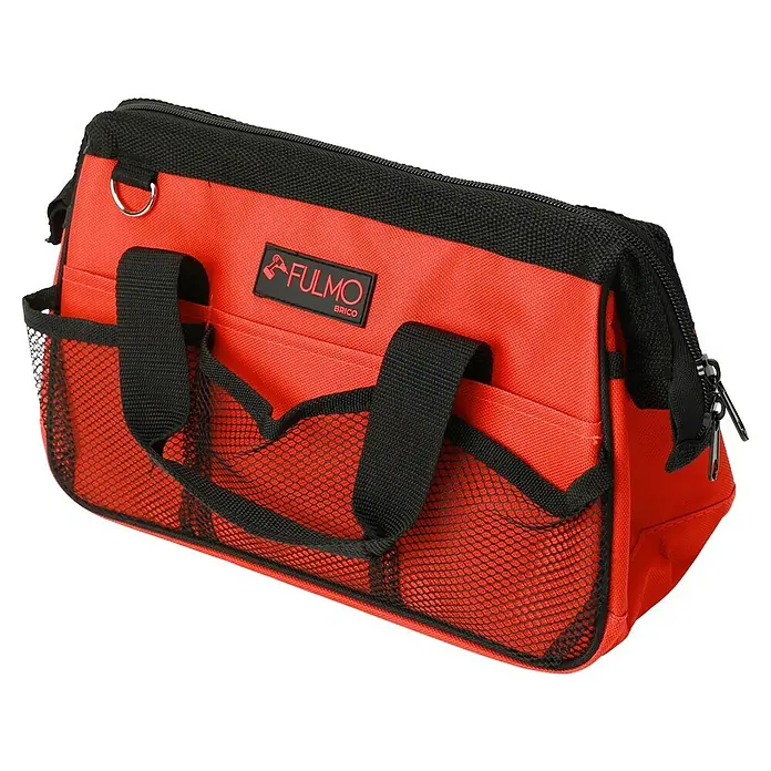 Fulmo Bolsa para herramientas - An x Pr x Al: 15 x 32 x 21 cm, Poliéster, 25 pzs. - Bolsa de herramientas roja con ribete negro, asas y bolsillos laterales de malla, ideal para artesanos y aficionados al bricolaje para guardar herramientas.