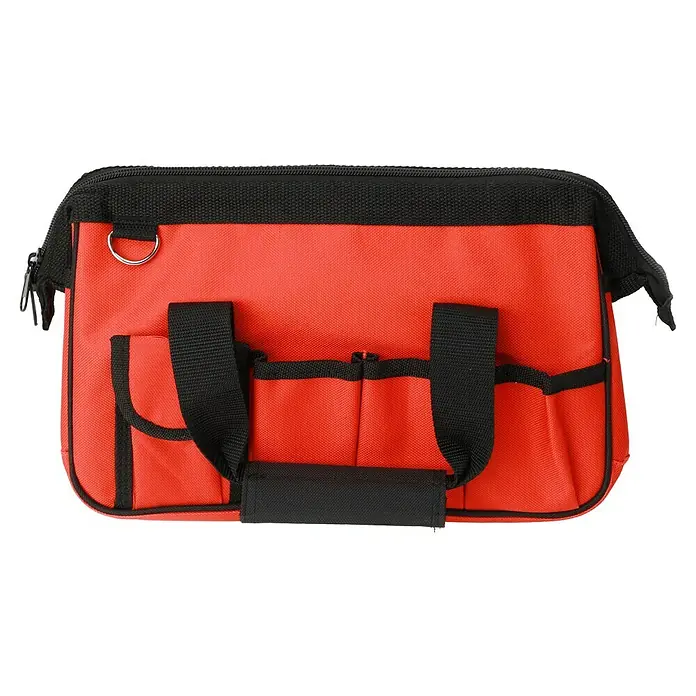 Fulmo Bolsa para herramientas - An x Pr x Al: 15 x 32 x 21 cm, Poliéster, 25 pzs. - Primer plano de una bolsa de herramientas roja con asas y ribetes negros. La bolsa tiene varios bolsillos exteriores y una anilla en D.