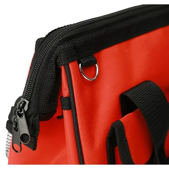 Fulmo Bolsa para herramientas - An x Pr x Al: 15 x 32 x 21 cm, Poliéster, 25 pzs. - Primer plano de una bolsa de herramientas roja con cremallera y asas negras. Perfecto para artesanos y aficionados al bricolaje.
