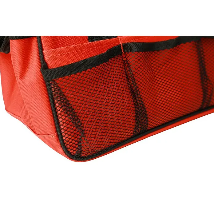Fulmo Bolsa para herramientas - An x Pr x Al: 15 x 32 x 21 cm, Poliéster, 25 pzs. - Primer plano de una bolsa de herramientas roja con bolsillos laterales de malla negra, que combina funcionalidad y diseño práctico.