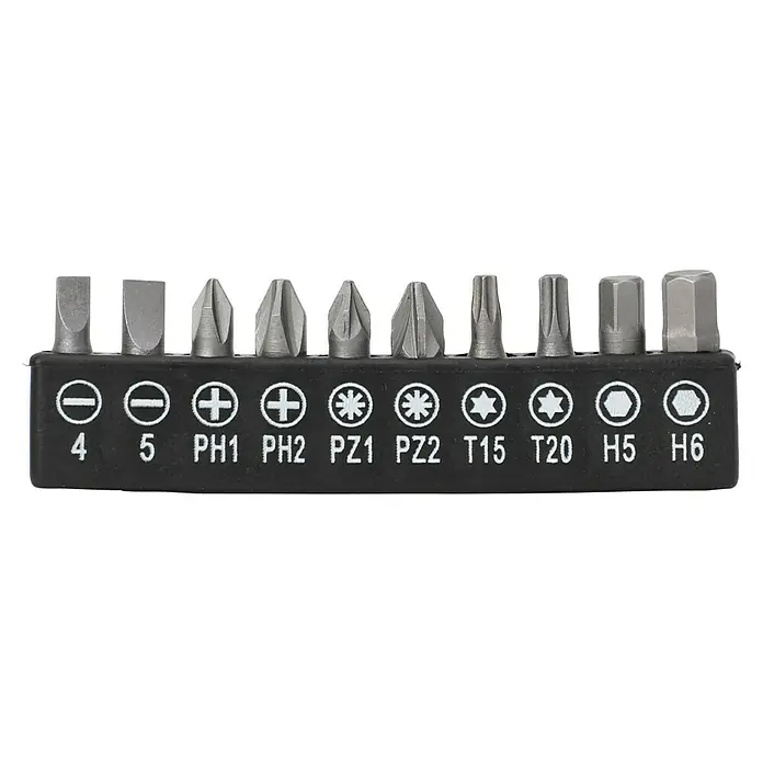 Fulmo Bolsa para herramientas - An x Pr x Al: 15 x 32 x 21 cm, Poliéster, 25 pzs. - Un primer plano de un conjunto de varias puntas de destornillador en un soporte negro, etiquetado con tamaños y tipos.