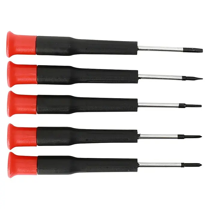 Fulmo Bolsa para herramientas - An x Pr x Al: 15 x 32 x 21 cm, Poliéster, 25 pzs. - La imagen muestra un conjunto de cinco destornilladores de precisión con mangos rojos y cuerpos negros, bien alineados sobre un fondo negro.