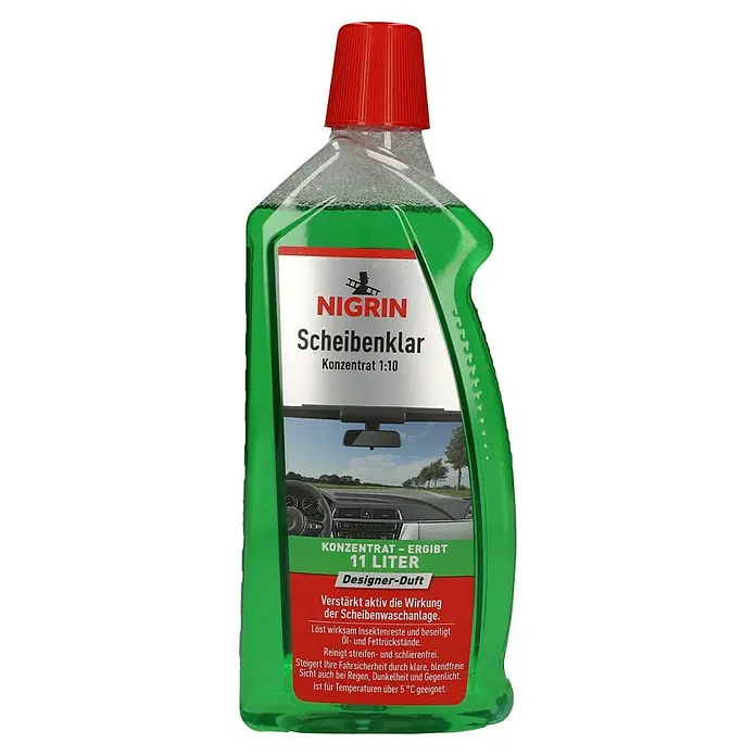 Nigrin Performance Scheibenklar Konzentrat - Mischungsverhältnis: 1:10, 1 l, Geruchseigenschaft: Designer-Duft - Flasche Nigrin Scheibenklar Konzentrat 1:10, ergibt 11 Liter. Mit Designer-Duft für klare Sicht und erhöhte Fahrsicherheit bei jedem Wetter.