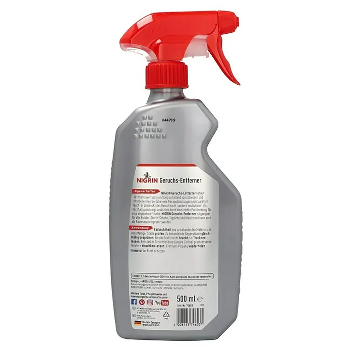Nigrin Geruchsentferner - 500 ml - NIGRIN Geruchs-Entferner Sprühflasche. Der Geruchsentferner beseitigt zuverlässig unangenehme Gerüche aus Textilien und hinterlässt einen frischen Duft.