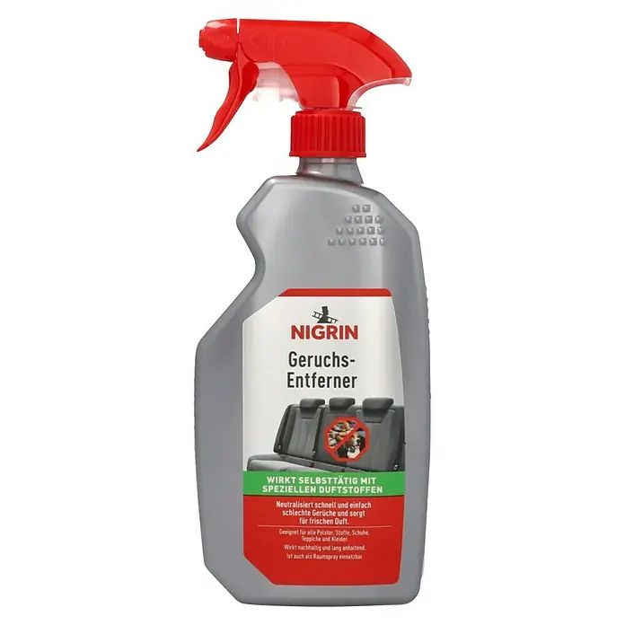 Nigrin Geruchsentferner - 500 ml - Produktbild eines Nigrin Geruchsentferner Sprays in einer grauen Flasche mit rotem Sprühkopf.