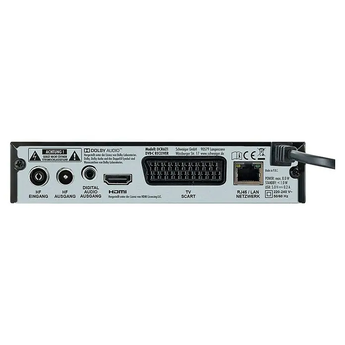 Schwaiger HDTV-Kabel-Receiver DCR621 DVB-C HD - 1.080 Pixel (Full HD), Eingangsfrequenz: 174 MHz - 230 MHz, 105 x 168 x 35 mm - Rückseite des DCR621 DVB-C Receivers von Schwaiger mit Anschlüssen für HF, Digital Audio, HDMI, TV Scart und RJ45/LAN Netzwerk.