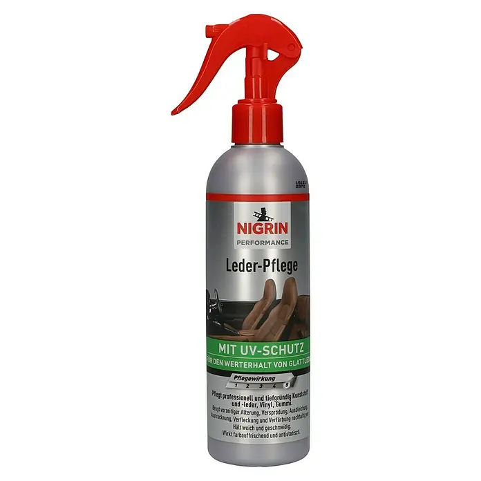 Nigrin Performance Lederpflege - 300 ml - Bild einer Nigrin Lederpflege-Sprühflasche.