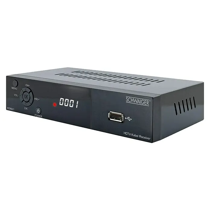 Schwaiger HDTV-Kabel-Receiver DCR621 DVB-C HD - 1.080 Pixel (Full HD), Eingangsfrequenz: 174 MHz - 230 MHz, 105 x 168 x 35 mm - Nahaufnahme eines schwarzen Schwaiger DCR621 HDTV Kabel Receivers mit USB-Anschluss und Bedienelementen.