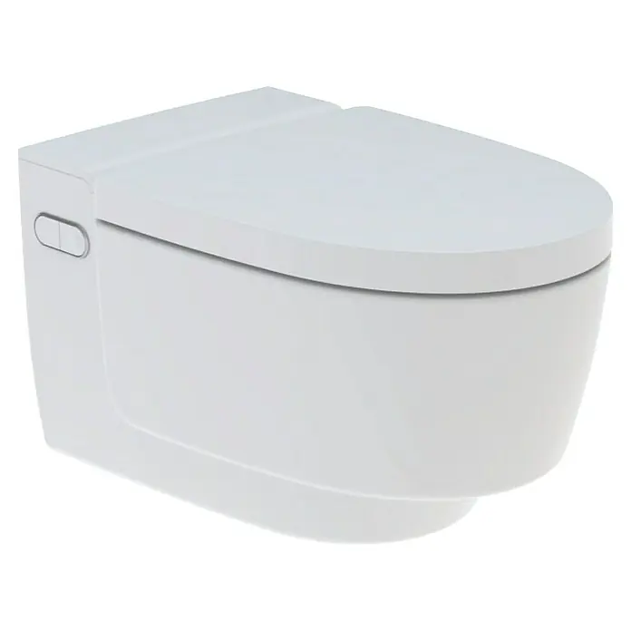 Geberit Wand-Dusch-WC-Set AquaClean Mera Classic - Spülrandlos, Mit schmutzabweisender Glasur, Spülform: Tief, WC Abgang: Waagerecht, Weiß - Nahaufnahme einer modernen, weißen Toilette mit elegantem Design und klaren Linien. Sanitärobjekt für das Badezimmer.