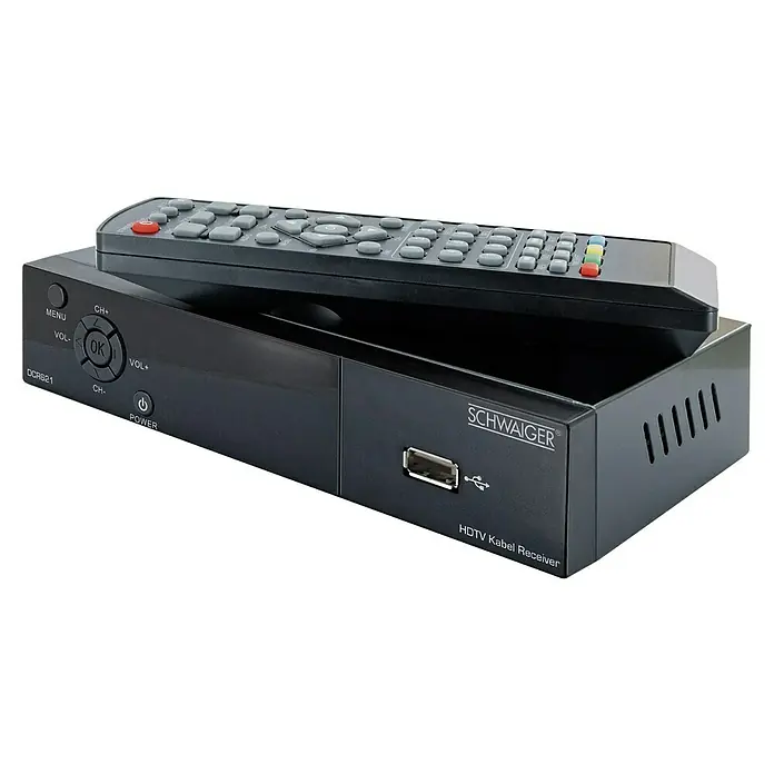 Schwaiger HDTV-Kabel-Receiver DCR621 DVB-C HD - 1.080 Pixel (Full HD), Eingangsfrequenz: 174 MHz - 230 MHz, 105 x 168 x 35 mm - Eine Nahaufnahme eines schwarzen Schwaiger HDTV Kabel Receivers mit Fernbedienung darauf, der eine hochwertige Bildqualität verspricht.