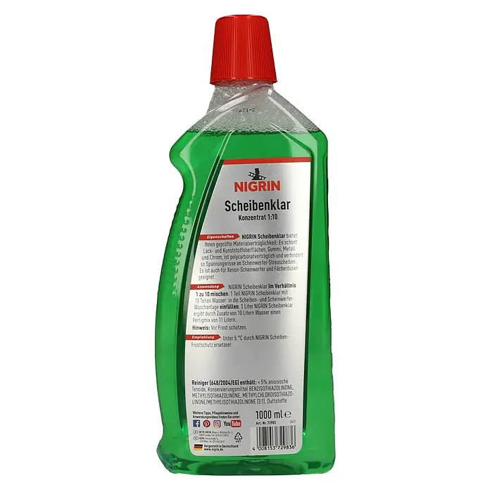 Nigrin Performance Scheibenklar Konzentrat - Mischungsverhältnis: 1:10, 1 l, Geruchseigenschaft: Designer-Duft - Bild einer Flasche Nigrin Scheibenklar Scheibenreiniger Konzentrat 1:10, ideal für klare Sicht und Schutz vor Spannungsrissen.