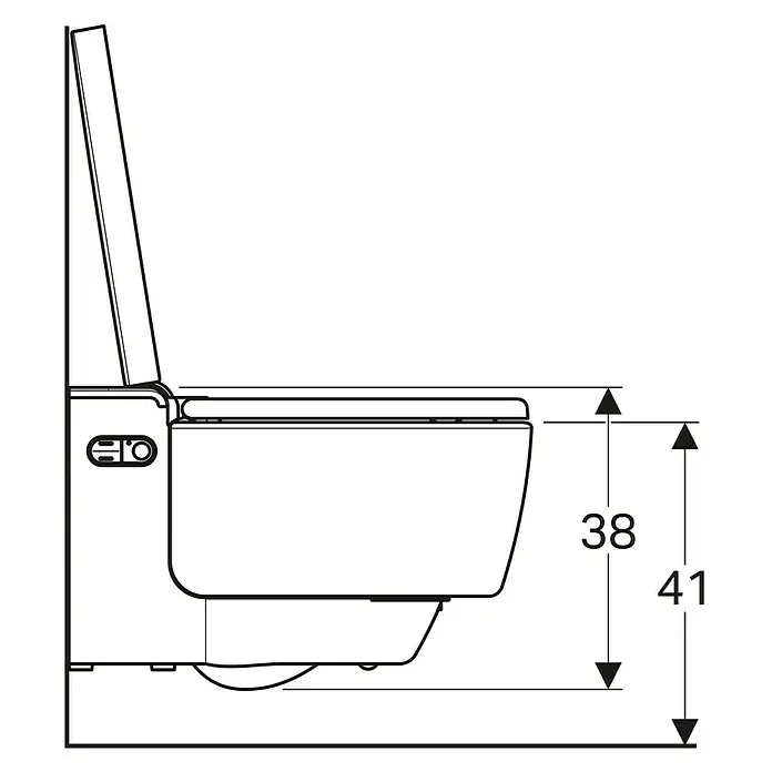 Geberit Wand-Dusch-WC-Set AquaClean Mera Comfort - Spülrandlos, Mit schmutzabweisender Glasur, Spülform: Tief, WC Abgang: Waagerecht, Weiß - Abbildung einer Toilette mit den Maßen 38 und 41, die die Höhe des Produkts angeben. Optimal für Badplanung und Design.