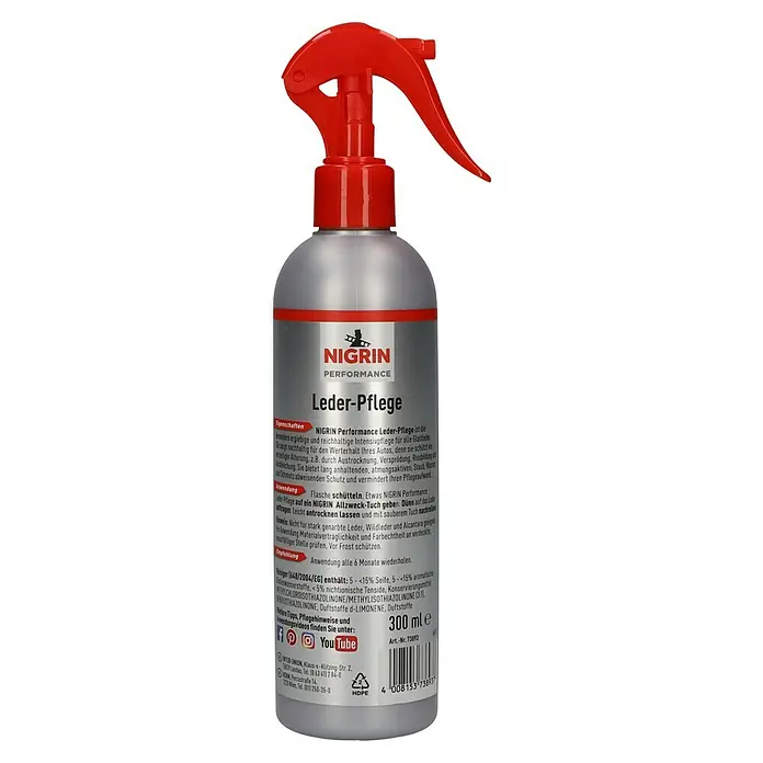 Nigrin Performance Lederpflege - 300 ml - Abbildung einer Sprühflasche Nigrin Lederpflege, ideal für die intensive Pflege und den Werterhalt von Glattleder im Auto.