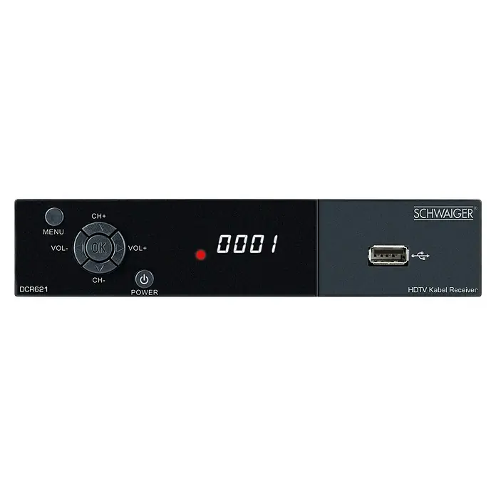Schwaiger HDTV-Kabel-Receiver DCR621 DVB-C HD - 1.080 Pixel (Full HD), Eingangsfrequenz: 174 MHz - 230 MHz, 105 x 168 x 35 mm - Produktansicht des SCHWAIGER DCR621 HDTV Kabel Receivers mit Bedienelementen, LED-Anzeige, USB-Anschluss und Firmenlogo.