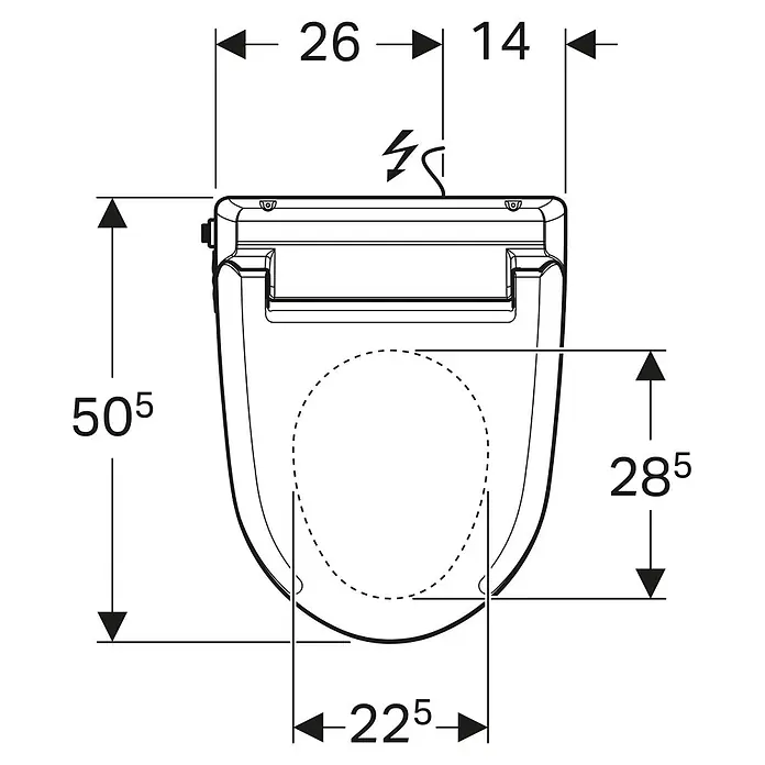 Geberit Dusch-WC-Sitz AquaClean 4000 - Weiß - Draufsicht der Geberit AquaClean Dusch-WC-Aufsatzes mit Maßen für Installation und Design, inklusive Stromkabelposition.