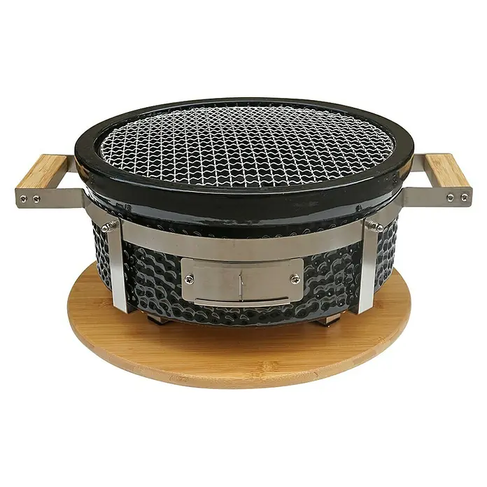 Kingstone Holzkohlegrill Kamado Tischgrill - Durchmesser Grillfläche: 29,5 cm, Schwarz - Abbildung eines schwarzen Tischgrills mit rundem Grillrost und Holzgriffen.