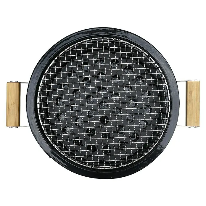 Kingstone Holzkohlegrill Kamado Tischgrill - Durchmesser Grillfläche: 29,5 cm, Schwarz - Grillansicht von oben. Der Grill hat eine runde Form, ist schwarz und hat Holzgriffe und einen Grillrost mit Kohle darunter.