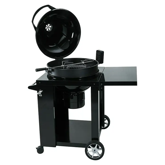 Kingstone Kugelgrill Sunset mit Grillwagen - Durchmesser Grillfläche: 55 cm, Schwarz - Schwarzer Kugelgrill mit offenem Deckel und Seitentisch für Grillzubehör. Er ist fahrbar und ideal für Grillabende im Freien.