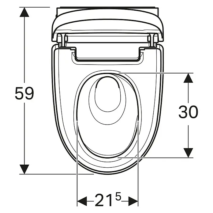 Geberit Wand-Dusch-WC-Set AquaClean Mera Classic - Spülrandlos, Mit schmutzabweisender Glasur, Spülform: Tief, WC Abgang: Waagerecht, Weiß - Abbildung einer Toilette mit den Maßen 59 cm Höhe, 30 cm Tiefe und 21,5 cm Breite. Die Zeichnung zeigt die Draufsicht der Sanitärkeramik.
