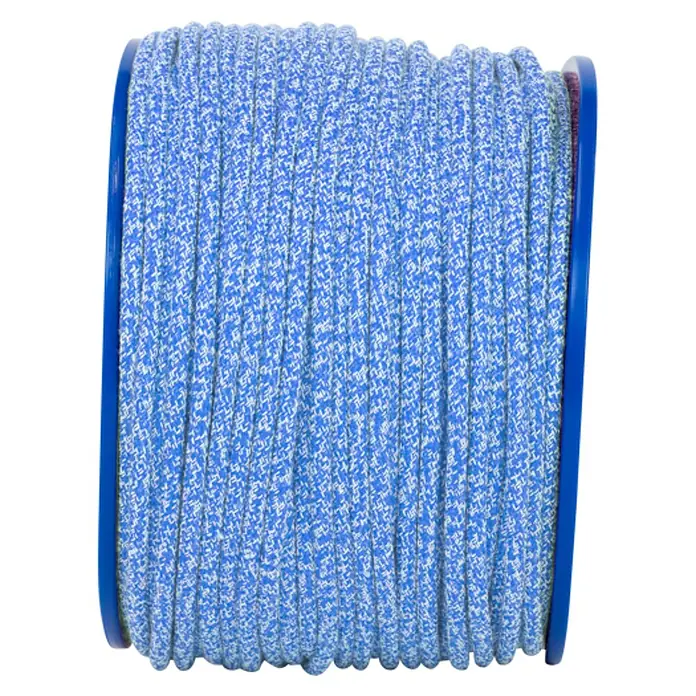Robline Cuerda multiusos Sirius Grip - Ø x L: 8 mm x 150 m, Poliéster, Azul/Blanco - Primer plano de un cordón azul y blanco en una bobina. La cuerda está bien ordenada y lista para usar.