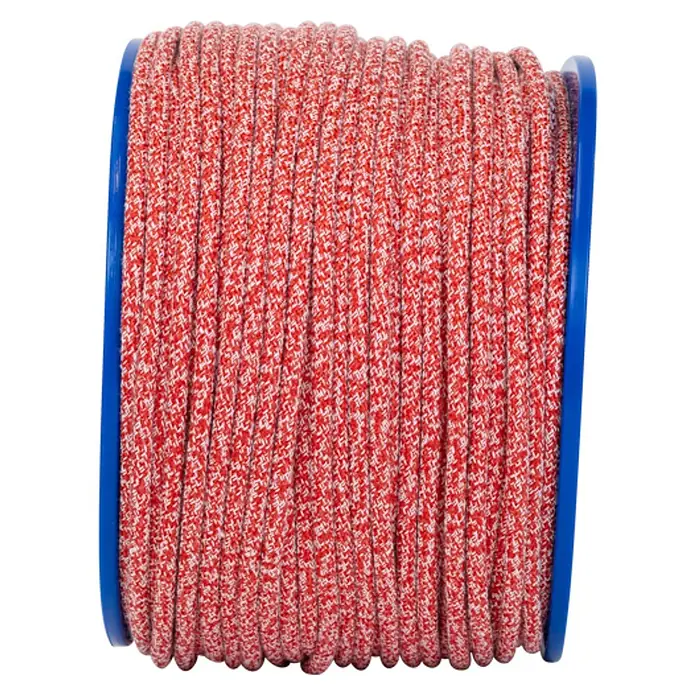 Robline Cuerda multiusos Sirius Grip - Poliéster, Rojo/Blanco - Primer plano de una bobina de cuerda trenzada roja y blanca, ideal para diversas aplicaciones, enrollada en bridas de bobina azules.