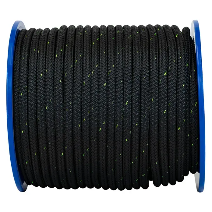 Robline Cuerda de amarre a metros Rio - Diámetro: 14 mm, Poliéster, Negro/Verde - Un carrete de cuerda negra, acentuada con verde brillante, sostenida por dos discos azules. Ideal para escalar o asegurar objetos.