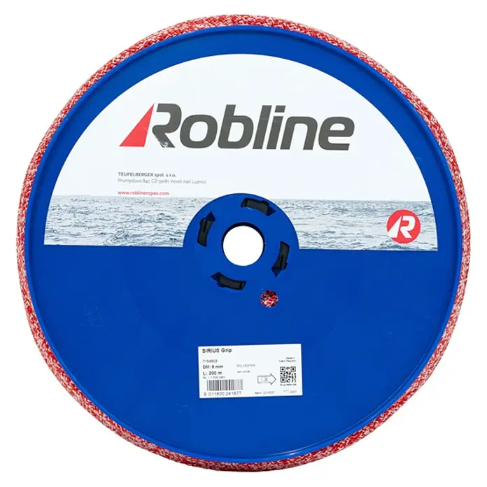 Robline Cuerda multiusos Sirius Grip - Poliéster, Rojo/Blanco - Primer plano de una cuerda de vela Robline Sirius Grip en un carrete azul, ideal para los amantes de la vela.