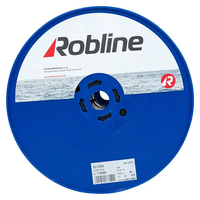 Robline Cuerda de amarre a metros Rio - Diámetro: 14 mm, Poliéster, Negro/Verde - Bobina azul Robline Rio GREEN con número de artículo 7155466, hecha de poliéster reciclado, ideal para deportes acuáticos y actividades al aire libre.