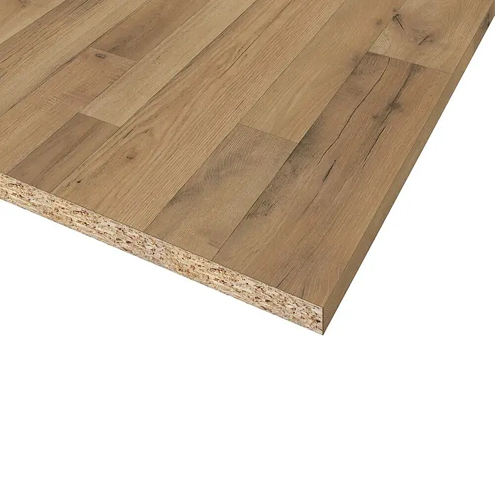 CUCINE Küchenarbeitsplatte nach Maß - Bergeiche, Stärke: 3,8 cm, Breite: 63,5 cm - Holzplatte mit natürlicher Holzmaserung und einer sichtbaren Spanplattenstruktur. Ideal für Möbelbau und Innenausbau.