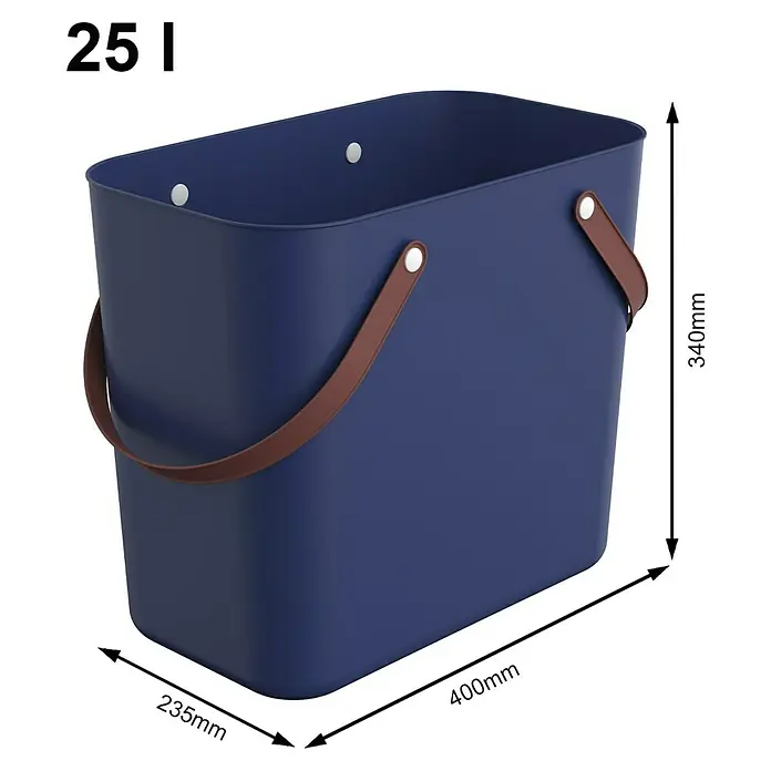 Rotho Albula Tasche Multibag Classic - 25 l, Dunkelblau, Kunststoff - Ein blauer Wäschekorb mit braunen Griffen und den Maßen 340mm Höhe, 400mm Länge und 235mm Breite.