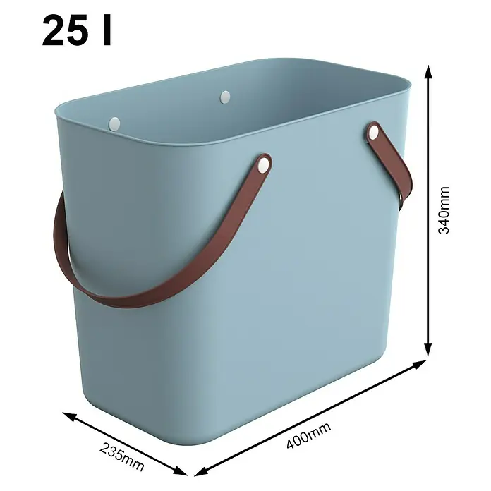 Rotho Albula Tasche Multibag Classic - 25 l, Skilla Türkis, Kunststoff - Abbildung eines hellblauen Behälters mit braunen Griffen und den Maßen 400mm, 340mm und 235mm.