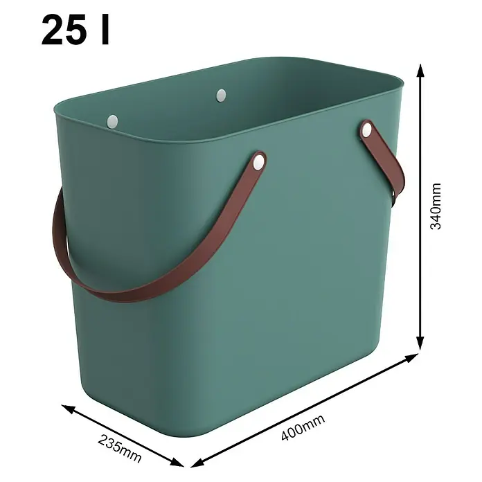 Rotho Albula Tasche Multibag Classic - 25 l, Mistletoe Grün, Kunststoff - Bild eines grünen Abfalleimer mit braunen Griffen und Maßangaben.