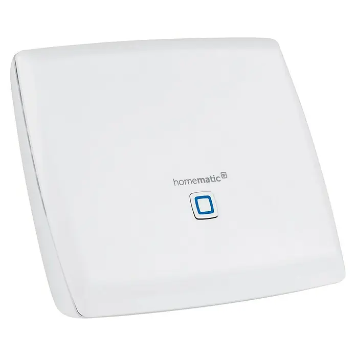 Homematic IP Centro de control CCU3 - Blanco, L x An x Al: 35 x 119 x 136 mm - Primer plano del Homematic IP Access Point con logotipo azul y forma cuadrada, que proporciona conectividad para dispositivos domóticos.