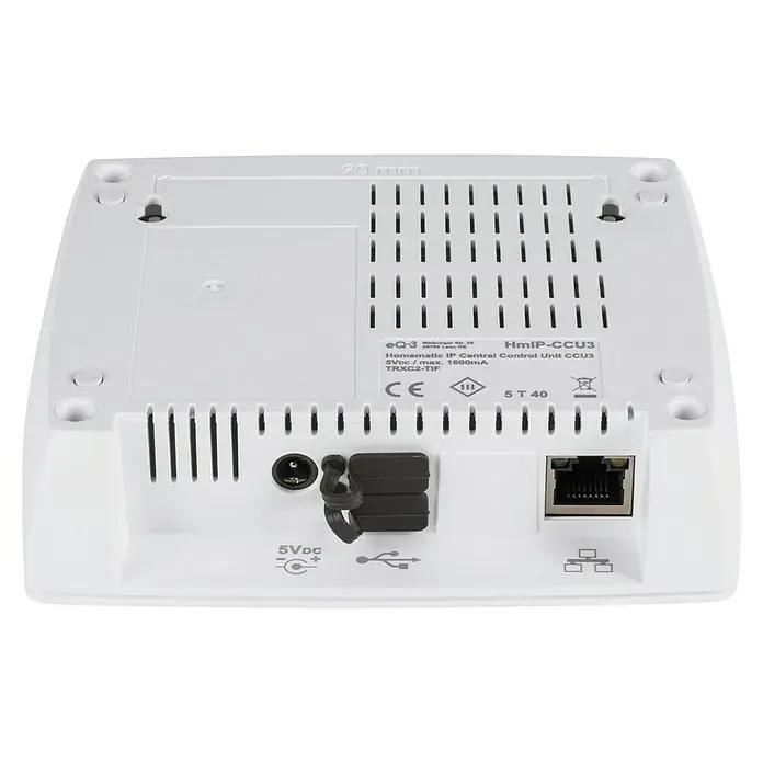 Homematic IP Centro de control CCU3 - Blanco, L x An x Al: 35 x 119 x 136 mm - Vista posterior de la unidad central de control Homematic IP CCU3 que muestra puertos y especificaciones.