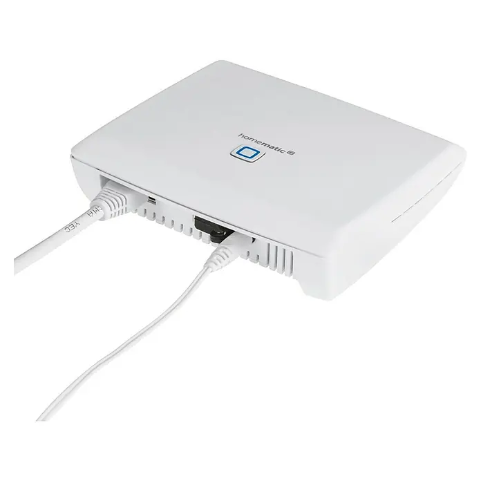 Homematic IP Centro de control CCU3 - Blanco, L x An x Al: 35 x 119 x 136 mm - Unidad central Homematic con cables. El dispositivo es blanco y tiene un logotipo azul de Homematic. Los cables también son blancos.