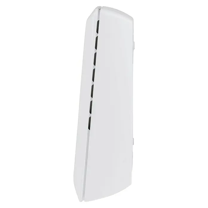 Homematic IP Centro de control CCU3 - Blanco, L x An x Al: 35 x 119 x 136 mm - Vista lateral de un dispositivo blanco, posiblemente un router o un aire acondicionado, con ranuras verticales para un flujo de aire óptimo.