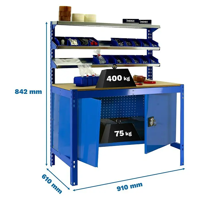 Simonrack Simonwork Werkbank BT1 Cabinet 900 - L x B: 61 x 91 cm, Arbeitshöhe: 84,2 cm, Belastbarkeit: 75 kg, Blau - Produktbild eines blauen Werkstattschranks mit Maßen und Belastungsangaben für Tisch und Ablage.