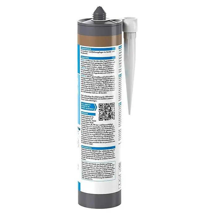 Knauf Sanitär-Silikon - Hellbraun, 300 ml - Produktbild einer Kartusche Knauf Silikon, ideal für Sanitärbereiche, mit detaillierter Anleitung und Sicherheitshinweisen.