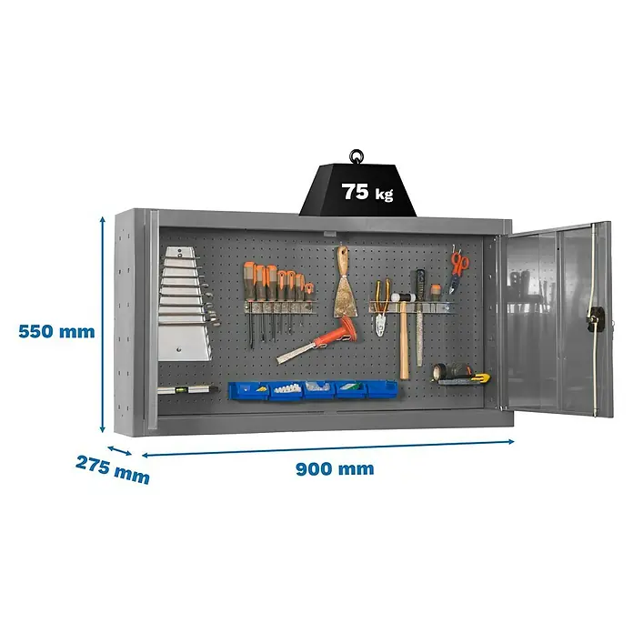 Simonrack Simonwork Armario para herramientas Cabinet Tools - An x Pr x Al: 90 x 27,5 x 55 cm, Gris, Desmontado - Armario de herramientas gris con diversas herramientas, con dimensiones y peso de carga para taller o garaje.